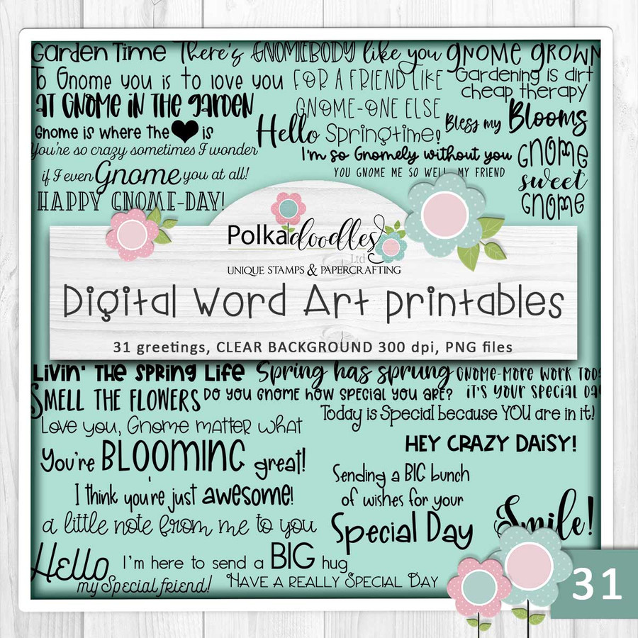 Spring Gnomes - 6 printable digital stamps, colour clipart, papers, gnome quotes and SVG files for cardmaking and crafting