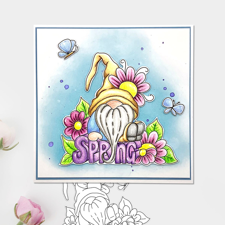 Spring Gnomes - 6 printable digital stamps, colour clipart, papers, gnome quotes and SVG files for cardmaking and crafting