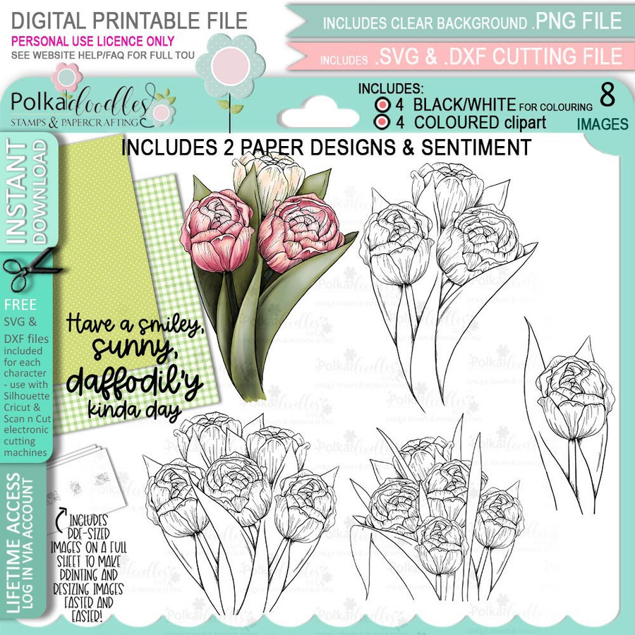 Blooms 5 Tulips Flower bundle - digital stamp, digistamp for cards, cardmaking, crafting and stickers