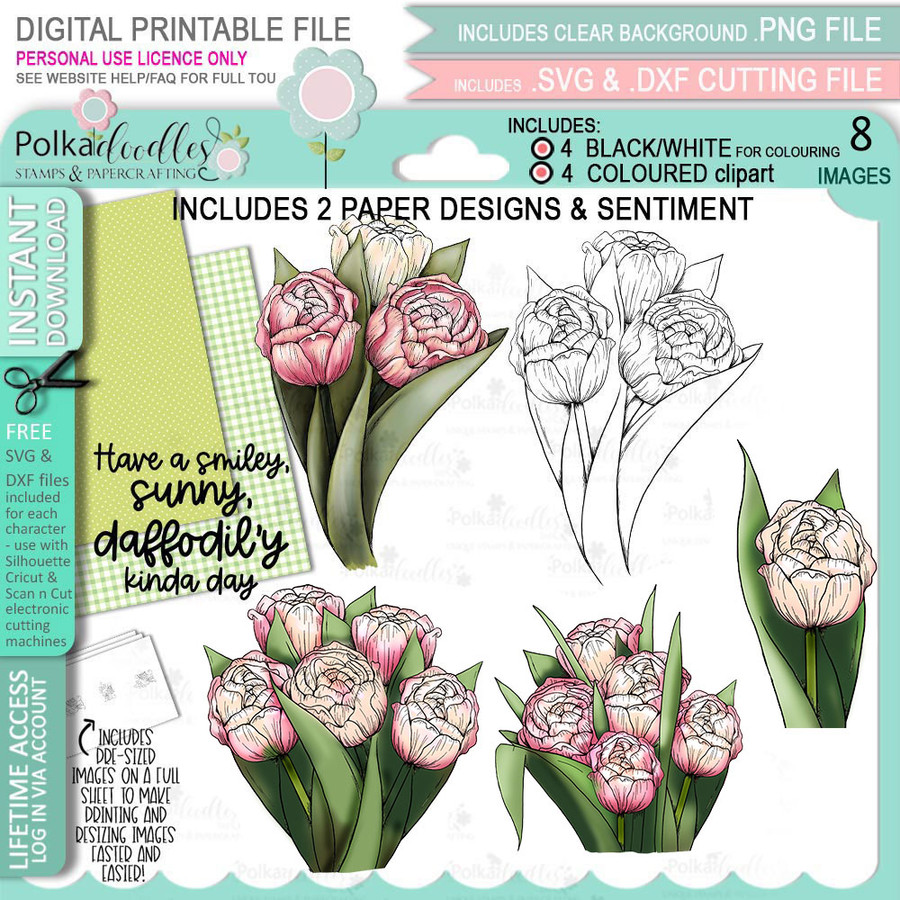 Blooms 5 Tulips Flower bundle - digital stamp, digistamp for cards, cardmaking, crafting and stickers