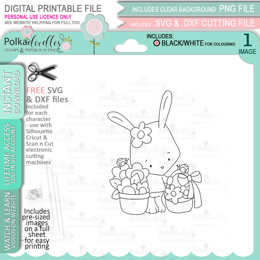 Cute Bunny Rabbit Easter Egg Basket - digital stamp, digistamp for cards, cardmaking, crafting and stickers