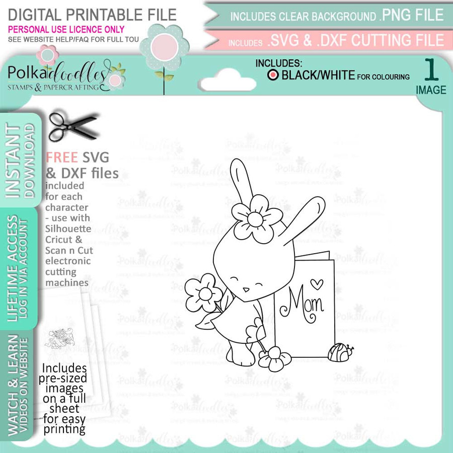 Bunny Rabbit with Mom Greeting Card - digital stamp, digistamp for cards, cardmaking, crafting and stickers