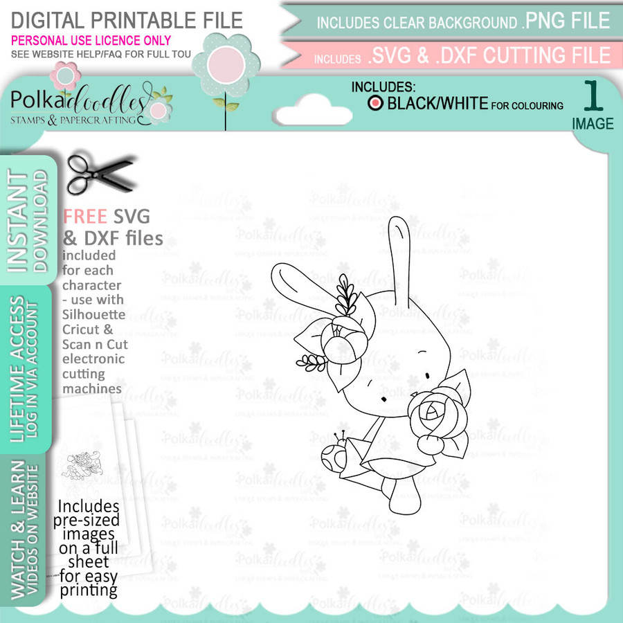 Bunny Rabbit with Roses flowers - digital stamp, digistamp for cards, cardmaking, crafting and stickers