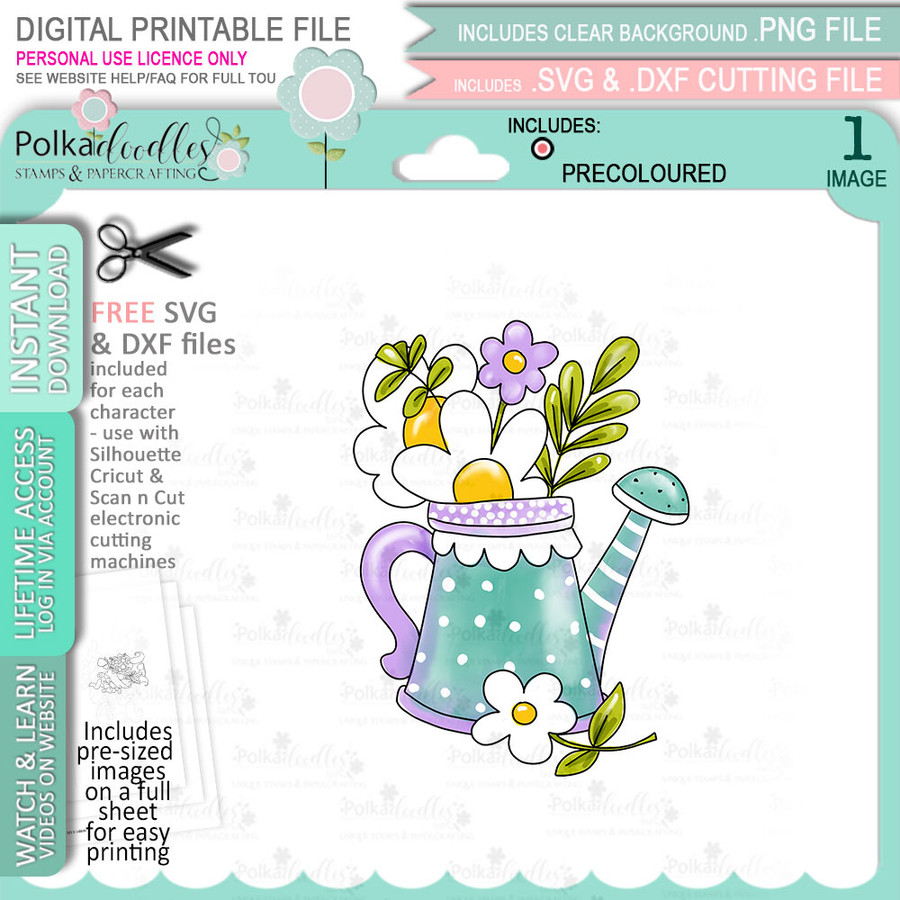 Watering can with flowers spring garden - COLOUR clipart digital stamp, digistamp for cards, cardmaking, crafting and stickers