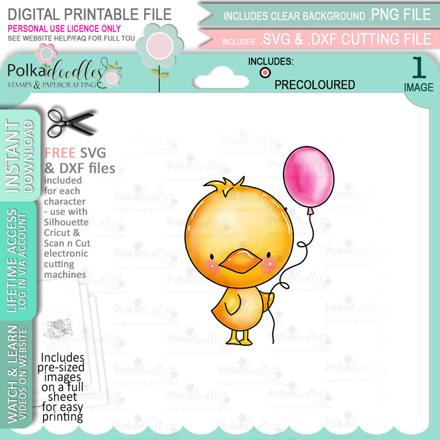 Chick with Balloon - COLOUR printable clipart digital stamp, digistamp for cards, cardmaking, crafting and stickers