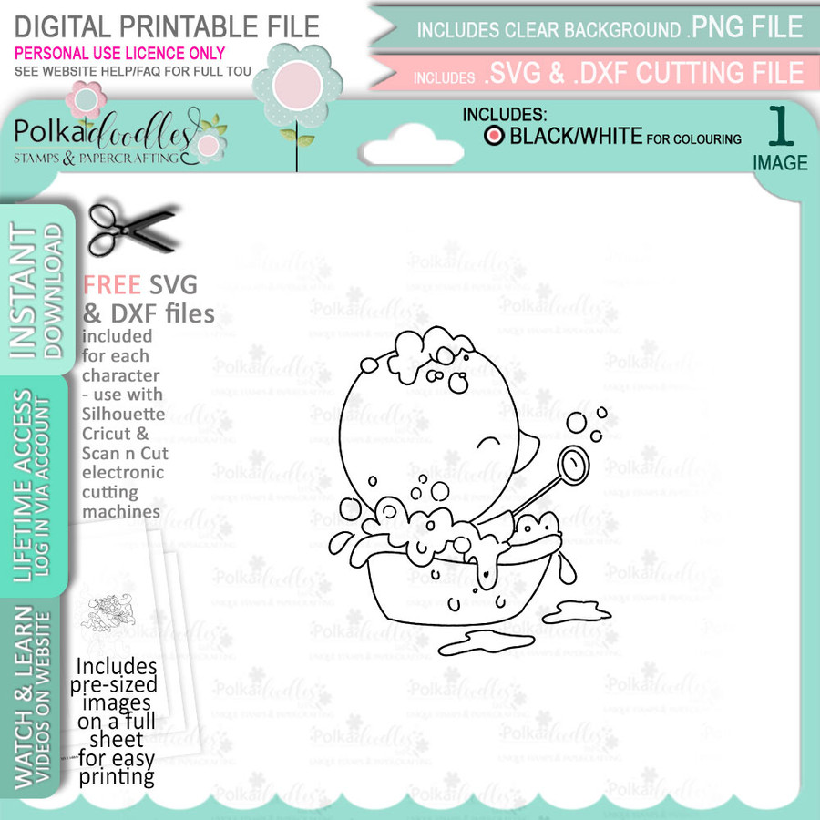 Bath Time Chick bubbles - printable clipart digital stamp, digistamp for cards, cardmaking, crafting and stickers