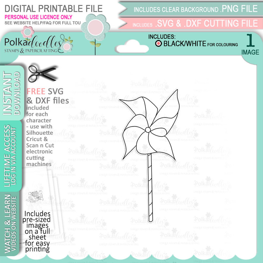 Cute paper windmill - printable clipart digital stamp, digistamp for cards, cardmaking, crafting and stickers