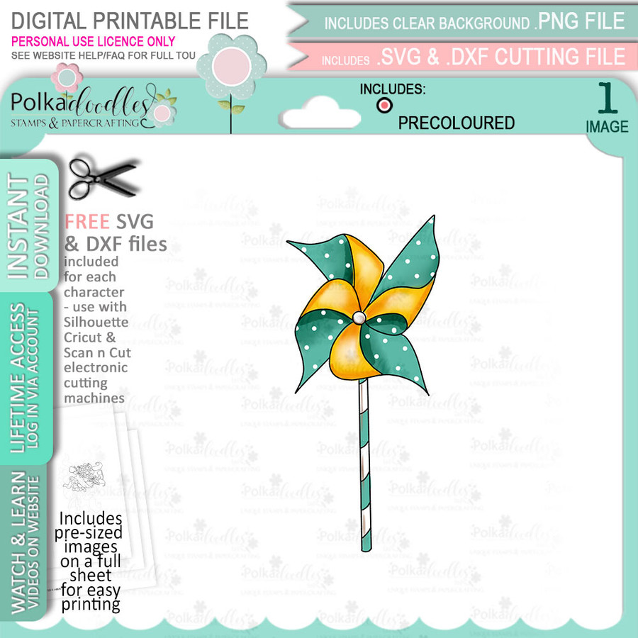 Cute paper windmill - COLOUR printable clipart digital stamp, digistamp for cards, cardmaking, crafting and stickers