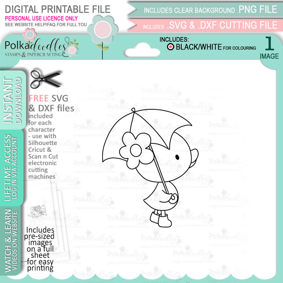 Cute chick with umbrella - printable clipart digital stamp, digistamp for cards, cardmaking, crafting and stickers