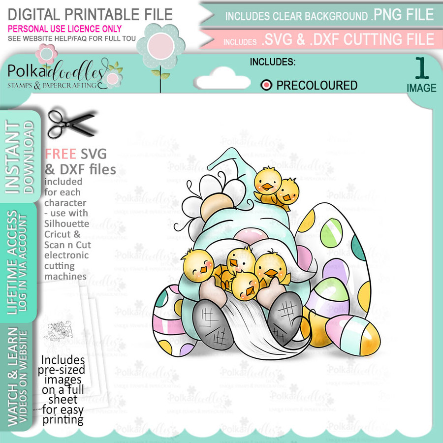 Gnome Spring Chicks - COLOURED Gnome cute printable clipart digital stamp, digistamp for cards, cardmaking, crafting and stickers