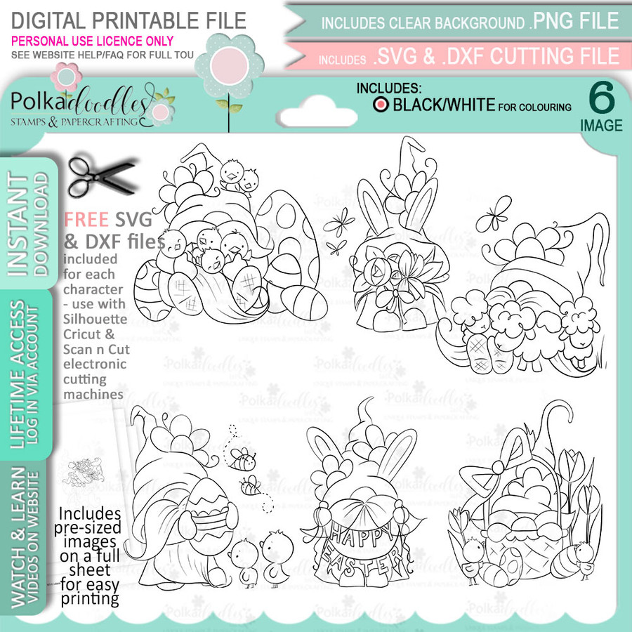 Happy Easter - 6 Gnomes cute printable clipart digital stamp, digistamp for cards, cardmaking, crafting and stickers