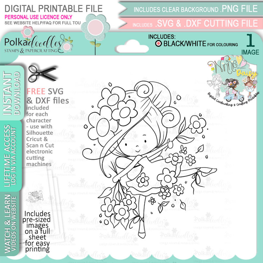 Daisy Dance Flower Fairy - Winnie Daisy Fairy cute girl printable clipart digital stamp, digistamp for cards, cardmaking, crafting and stickers