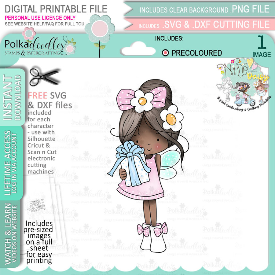 Flower Fairy with Gift/Parcel - (Colour - DEEP skintone) Winnie Daisy Fairy cute girl printable clipart digital stamp, digistamp for cards, cardmaking, crafting and stickers