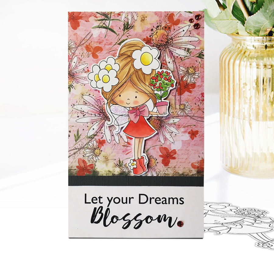 Flower Fairy Plant Pot Gift - Winnie Daisy Fairy cute girl printable clipart digital stamp, digistamp for cards, cardmaking, crafting and stickers
