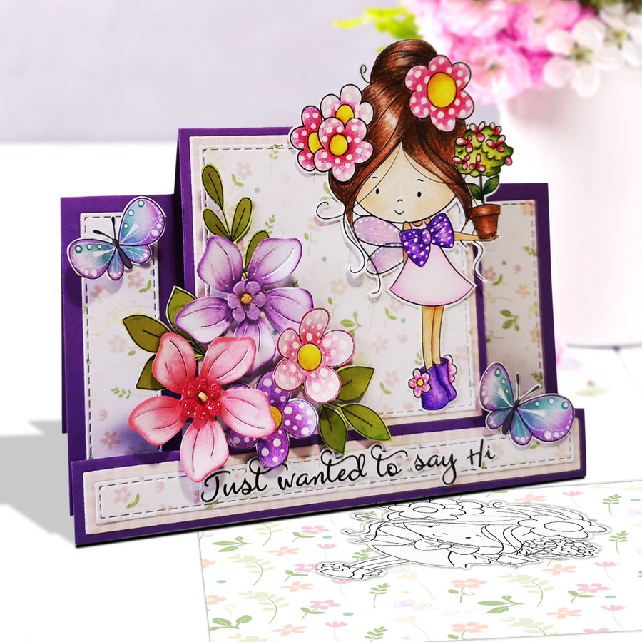 Flower Fairy Plant Pot Gift - Winnie Daisy Fairy cute girl printable clipart digital stamp, digistamp for cards, cardmaking, crafting and stickers
