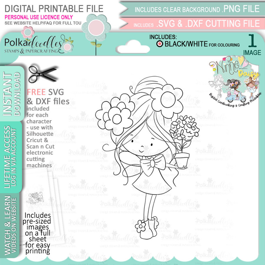 Flower Fairy Plant Pot Gift - Winnie Daisy Fairy cute girl printable clipart digital stamp, digistamp for cards, cardmaking, crafting and stickers