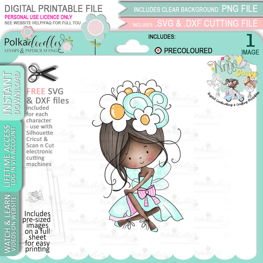 Flower Fairy sitting - (Colour - DEEP skintone) Winnie Daisy Fairy cute girl printable clipart digital stamp, digistamp for cards, cardmaking, crafting and stickers