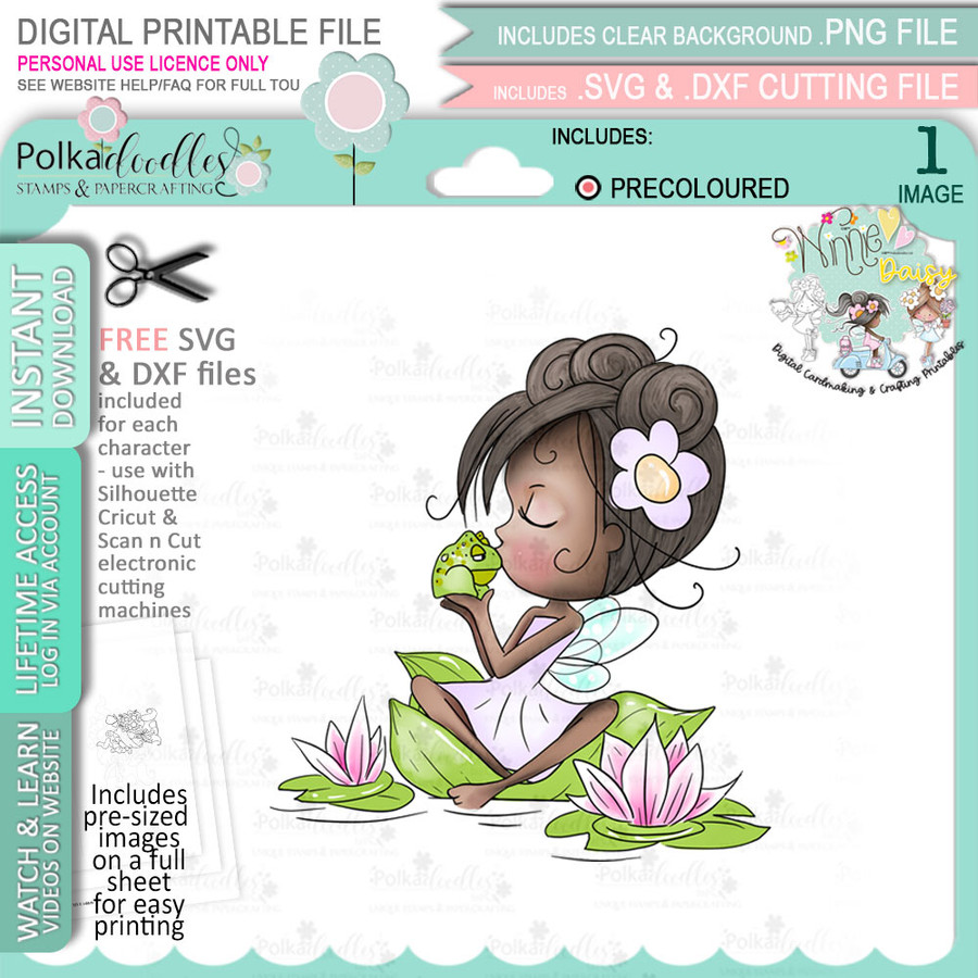 Flower Fairy Frog/Toad/Lily Pond - (Colour - DEEP skintone) Winnie Daisy Fairy cute girl printable clipart digital stamp, digistamp for cards, cardmaking, crafting and stickers
