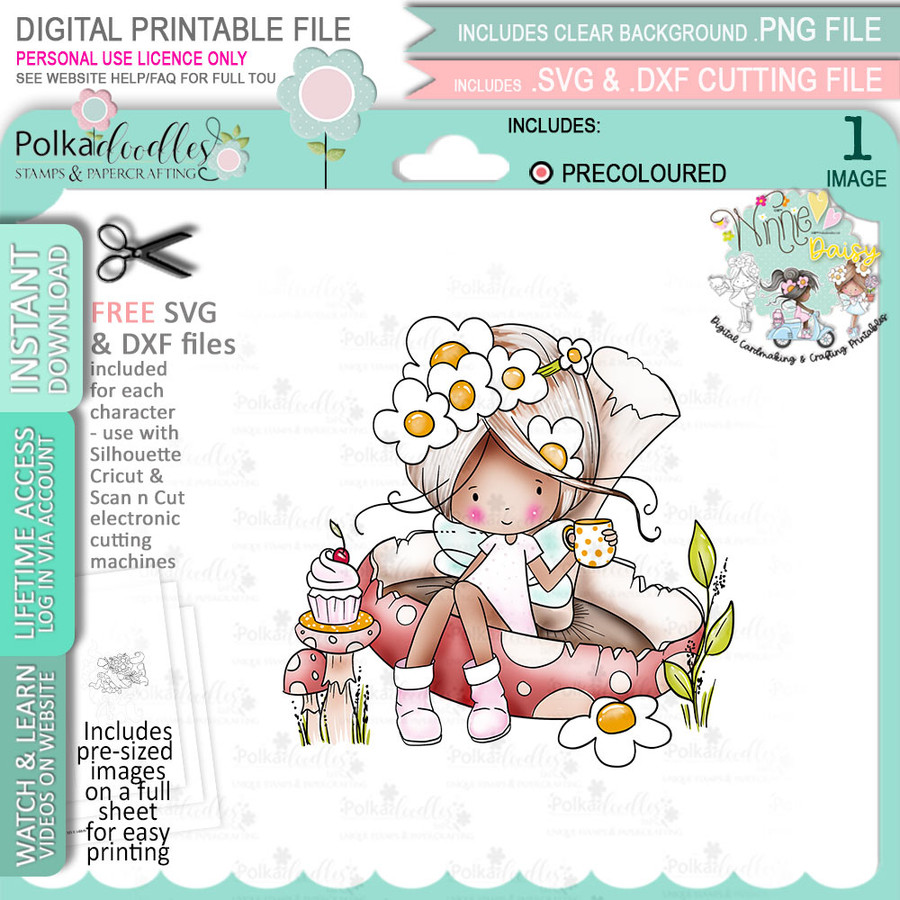 Taking a Break Toadstool - (Colour - LIGHT skintone) Winnie Daisy Fairy cute girl printable clipart digital stamp, digistamp for cards, cardmaking, crafting and stickers