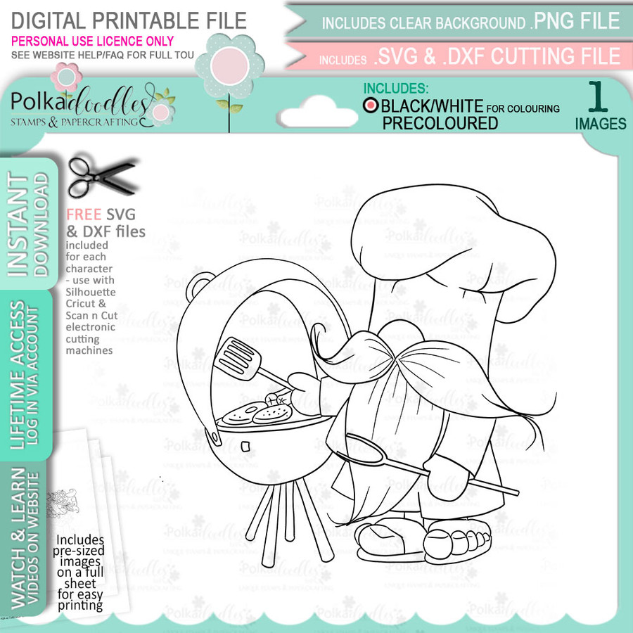 BBQ, Chef, Cook Gnome For Men printable clipart digital stamp, digistamp for cards, cardmaking, crafting and stickers