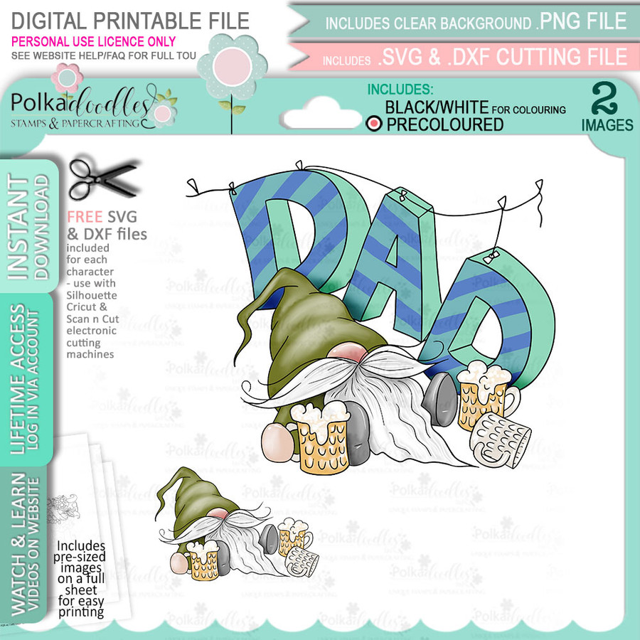 Dad Father Celebrate Relax (Colour ) Gnome For Men printable clipart digital stamp, digistamp for cards, cardmaking, crafting and stickers