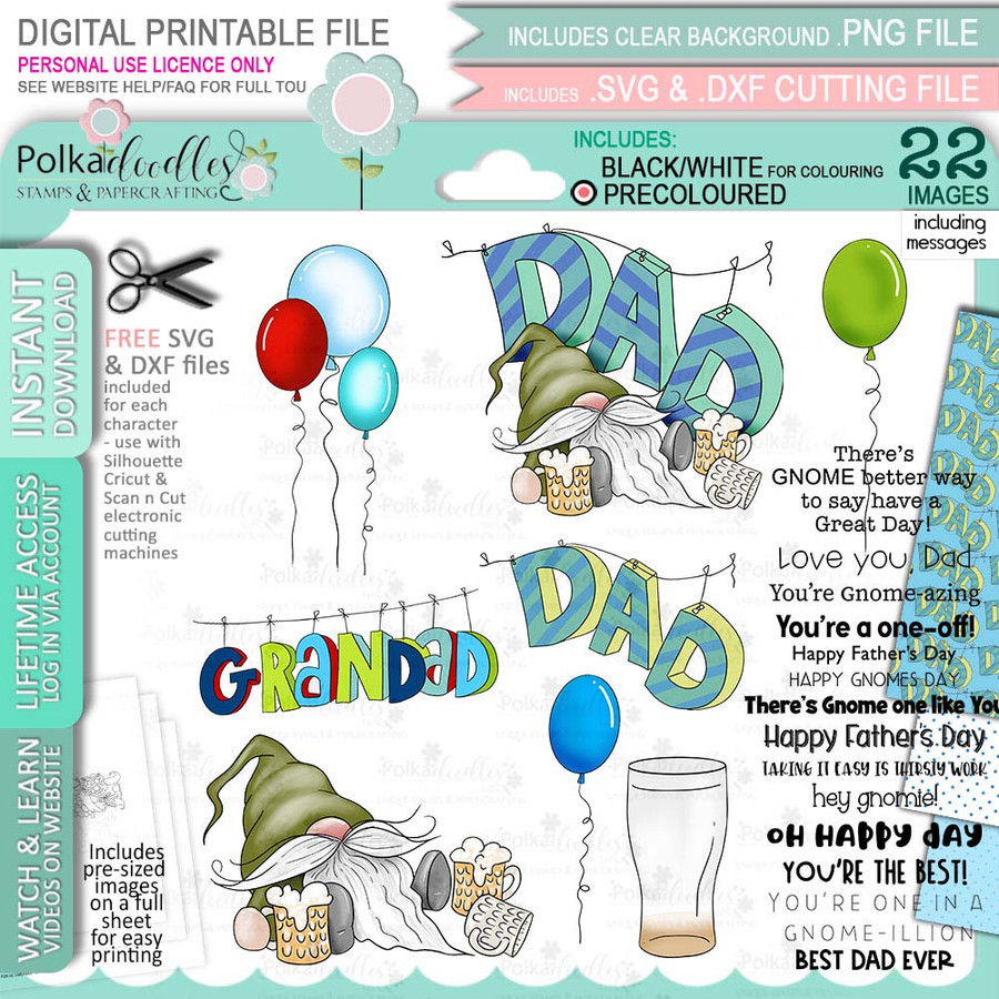 Dad Father Celebrate Relax Gnome For Men - Colour Bundle of printable clipart digital stamp, digistamp for cards, cardmaking, crafting and stickers