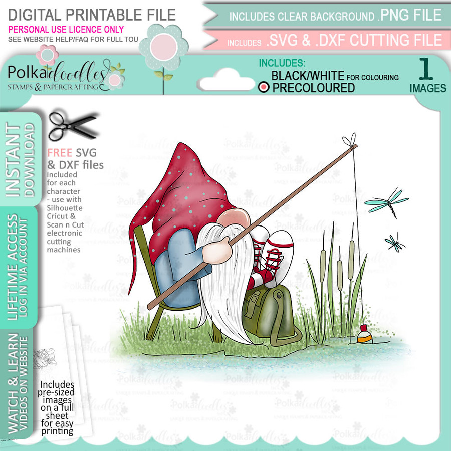 Fishing Gnome For Men COLOUR printable clipart digital stamp, digistamp for cards, cardmaking, crafting and stickers