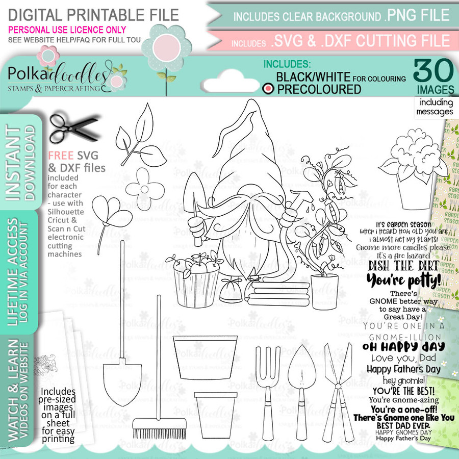 Watering Garden Plants Gnome For Men - Bundle of printable clipart digital stamp, digistamp for cards, cardmaking, crafting and stickers