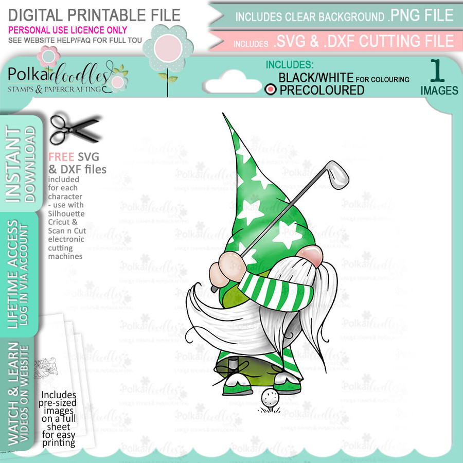 Golf Gnome (COLOUR) For Men printable clipart digital stamp, digistamp for cards, cardmaking, crafting and stickers