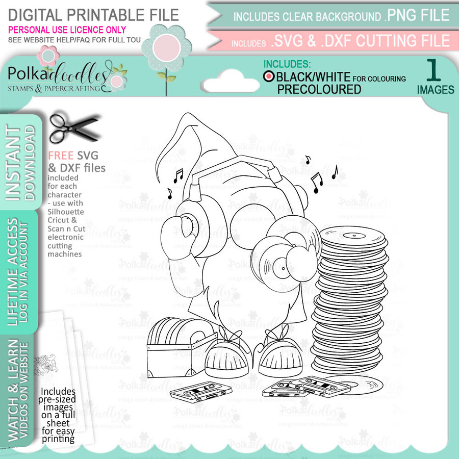 Music Record Collector Gnome For Men printable clipart digital stamp, digistamp for cards, cardmaking, crafting and stickers