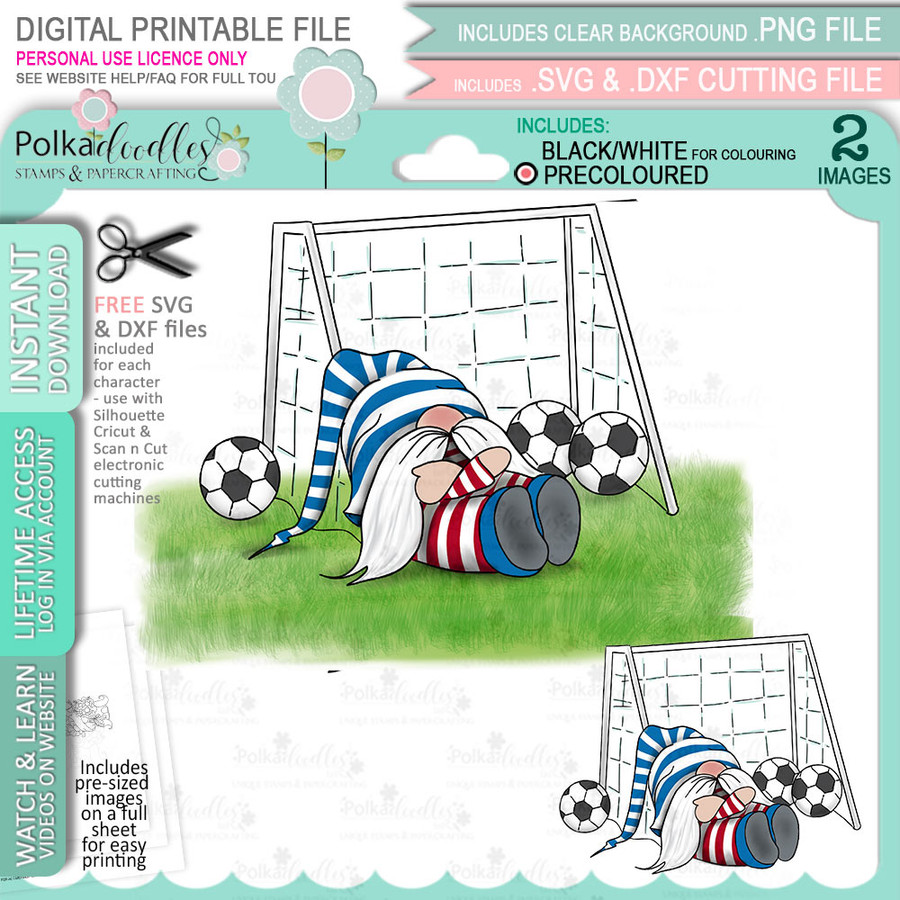Soccer Football Gnome (COLOUR) For Men printable clipart digital stamp, digistamp for cards, cardmaking, crafting and stickers