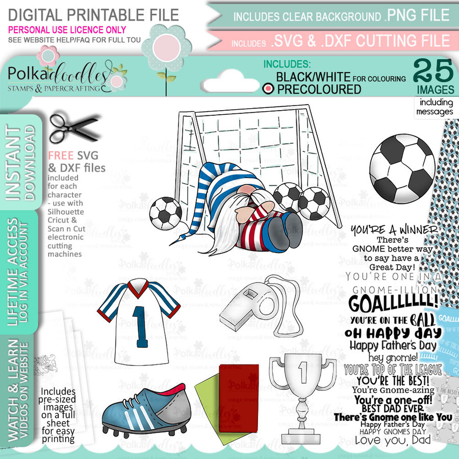 Soccer Football Gnome For Men - COLOUR Bundle of printable clipart digital stamp, digistamp for cards, cardmaking, crafting and stickers