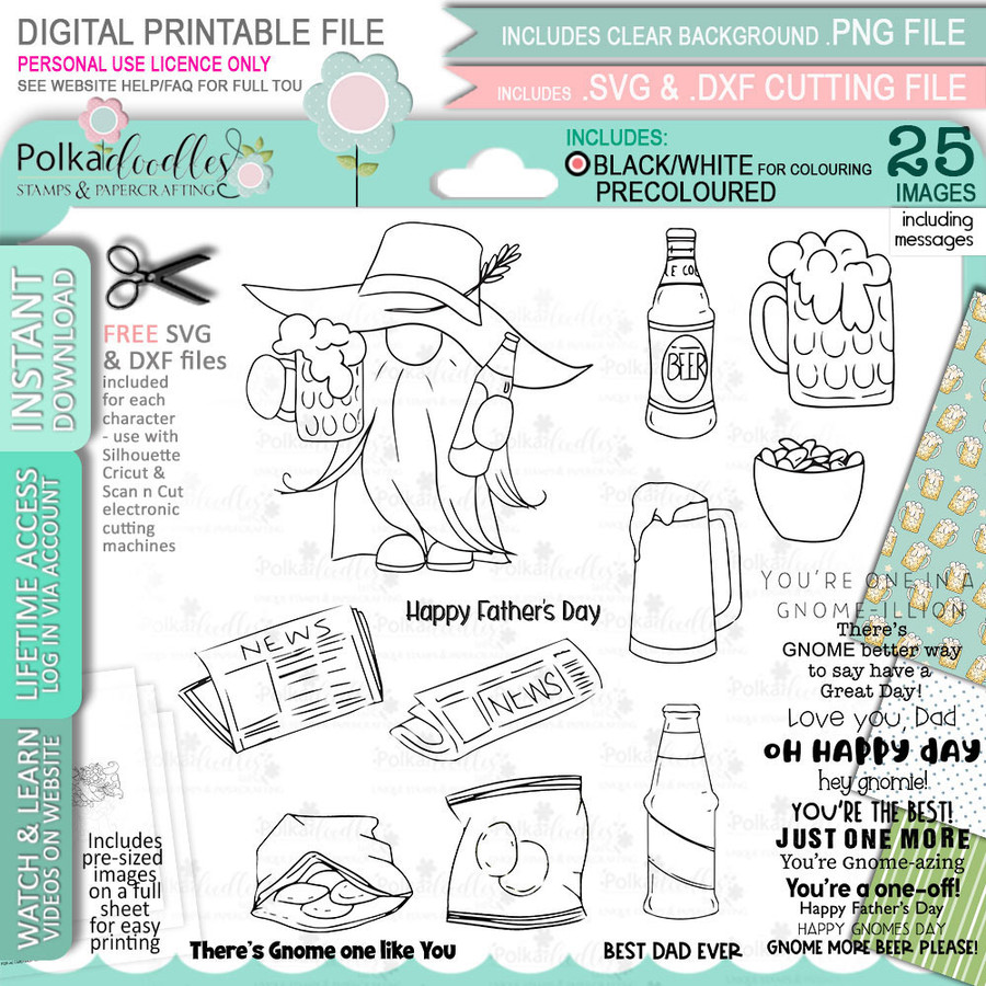 Gnome For Men - 15 BLACK/WHITE printable clipart digital stamp, digistamp for cards, cardmaking, crafting and stickers