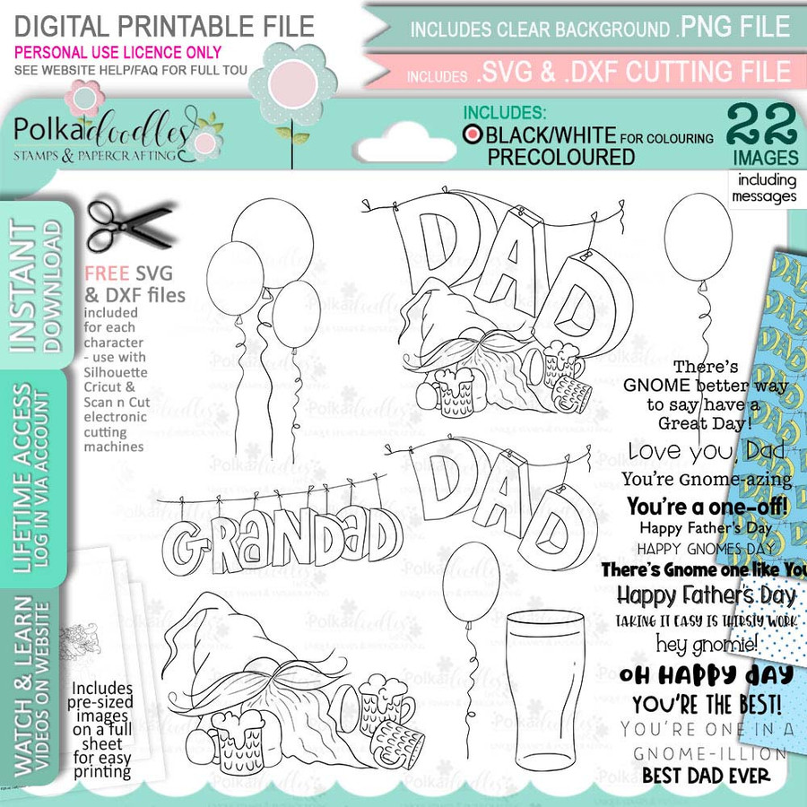 Gnome For Men - 15 BLACK/WHITE printable clipart digital stamp, digistamp for cards, cardmaking, crafting and stickers