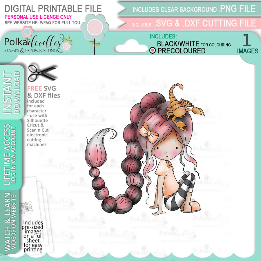 Scorpio digital stamp - (COLOUR - LIGHT SKINTONES) printable clipart  for cardmaking, craft, scrapbooking & stickers