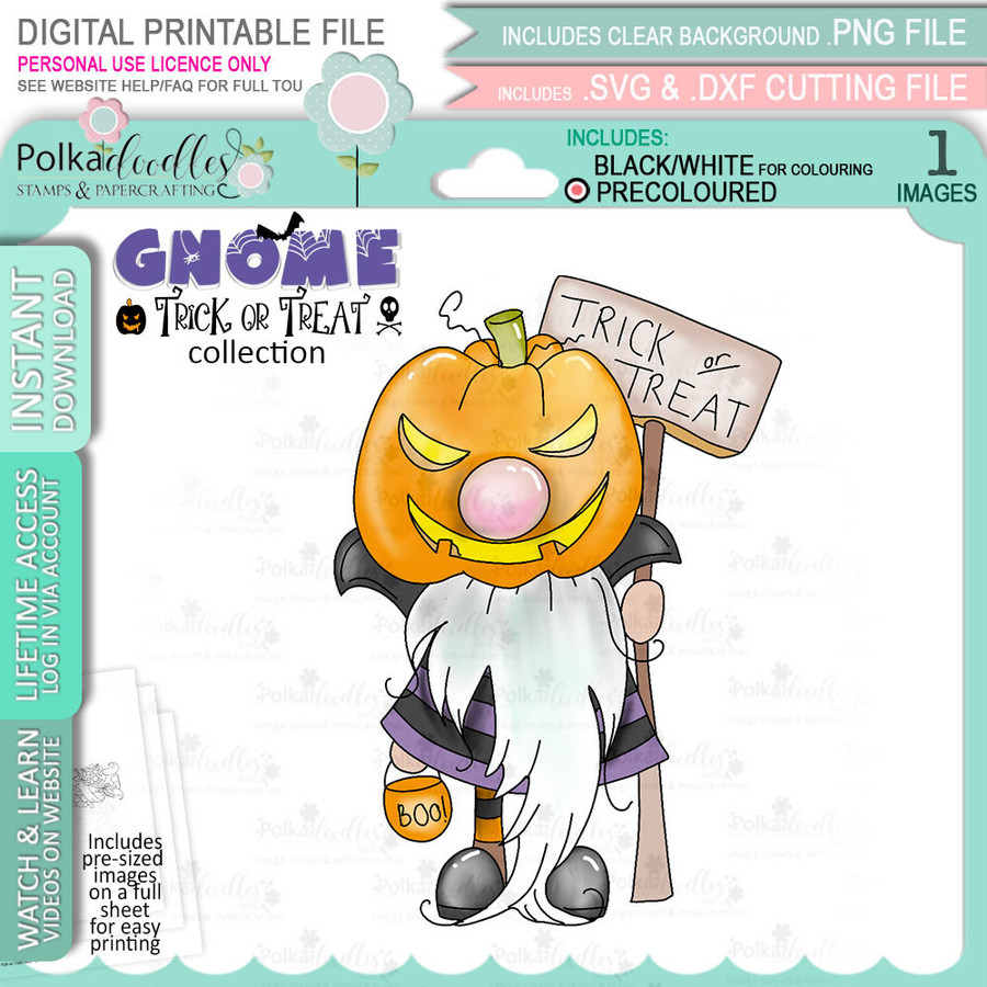 Pumpkin Head Halloween Gnome digital stamp - (COLOUR) printable clipart for cardmaking, craft, scrapbooking & stickers