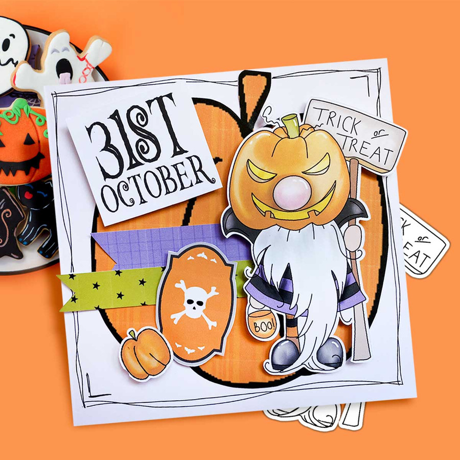 Pumpkin Head Halloween Gnome digital stamp - (COLOUR) printable clipart for cardmaking, craft, scrapbooking & stickers