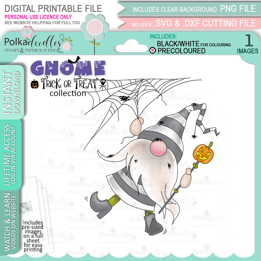 Spider Web Halloween Gnome digital stamp - (COLOUR) printable clipart  for cardmaking, craft, scrapbooking & stickers