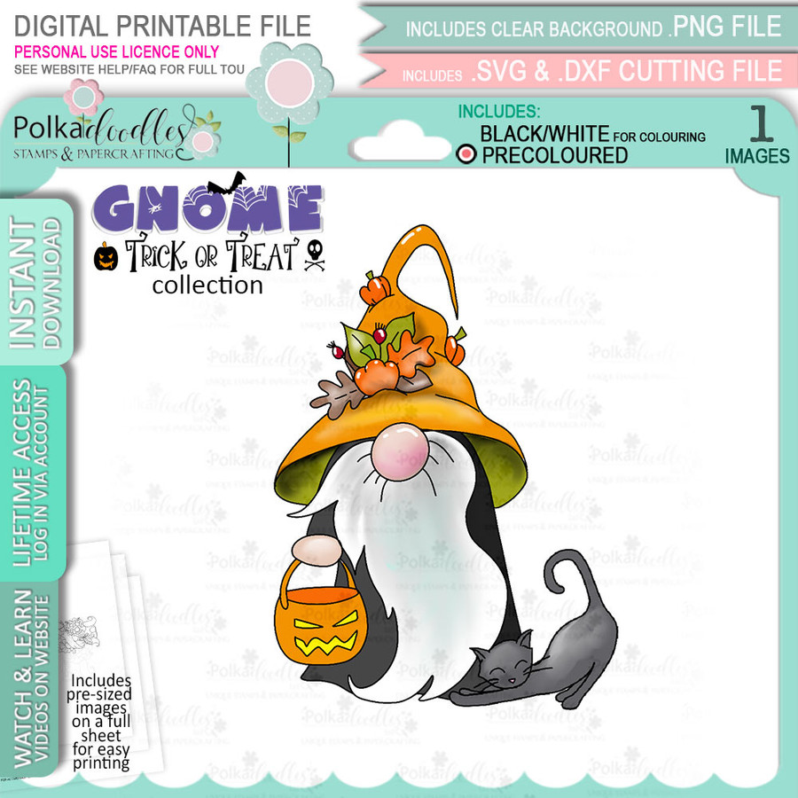 Trick or Treat Halloween Gnome digital stamp - (COLOUR) printable clipart  for cardmaking, craft, scrapbooking & stickers