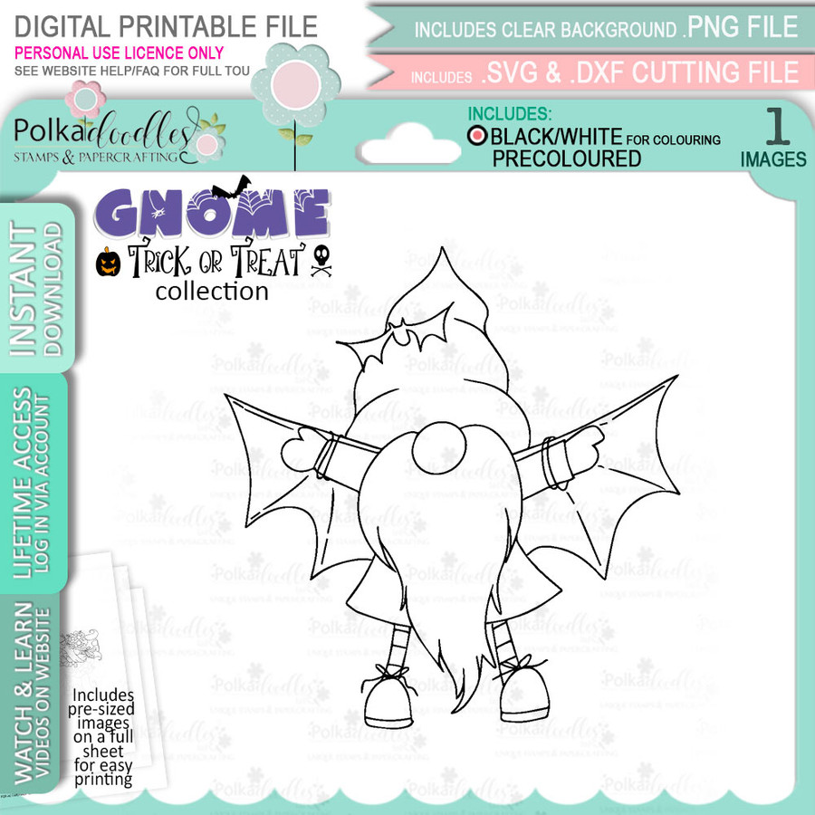Bat Gnome Halloween Gnome digital stamp - printable clipart  for cardmaking, craft, scrapbooking & stickers