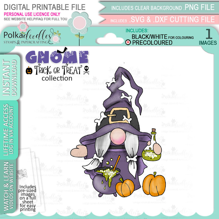 Witch Cauldron Gnome digital stamp - (COLOUR) printable clipart  for cardmaking, craft, scrapbooking & stickers