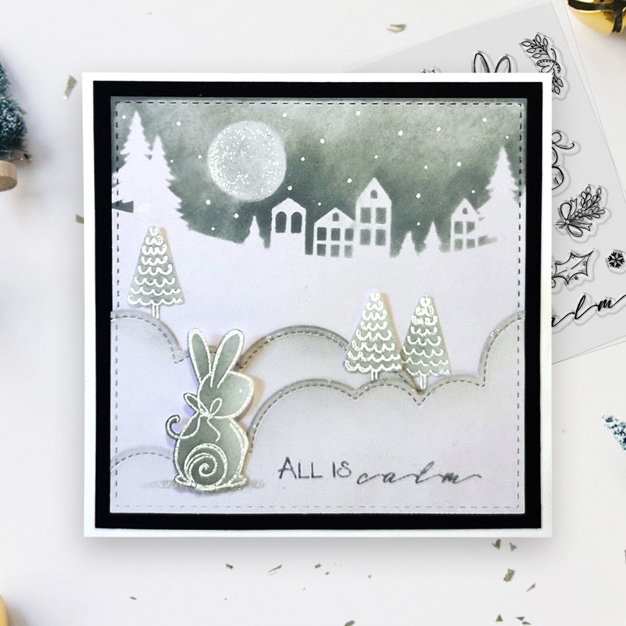 All is Calm Winter Rabbits - Christmas 3 x 4" clear photopolymer stamp set
