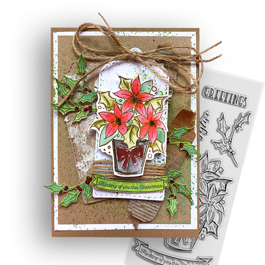 Poinsettia Greetings Christmas Holiday clear stamps 3 x 6"