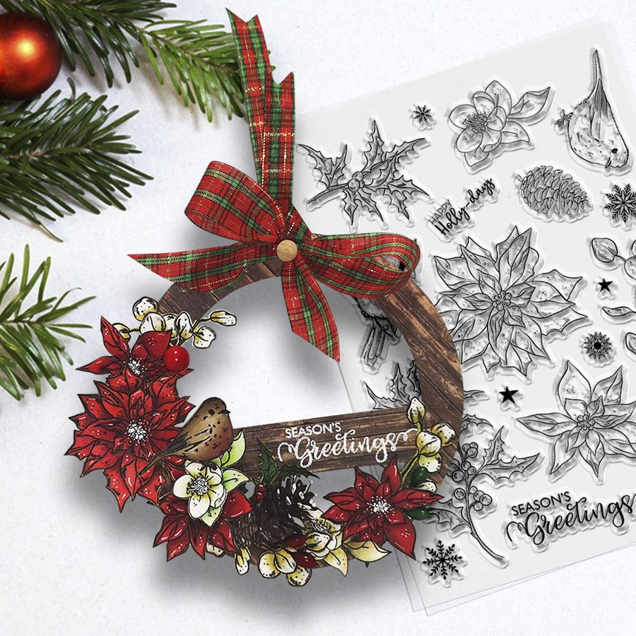 Happy Holly-day Poinsettia 5 x 7" photopolymer craft stamp set