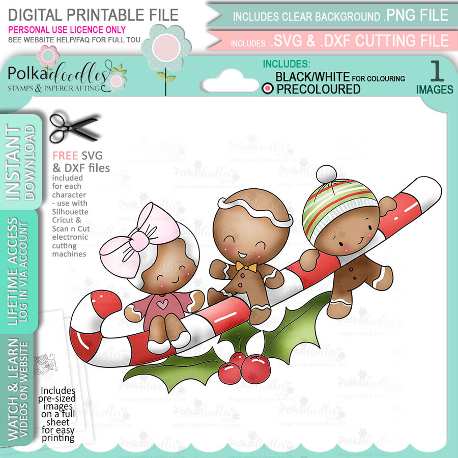 Candy Cane Fun - Gingerbread Holly digital stamp - (COLOUR) printable clipart  for cardmaking, craft, scrapbooking & stickers