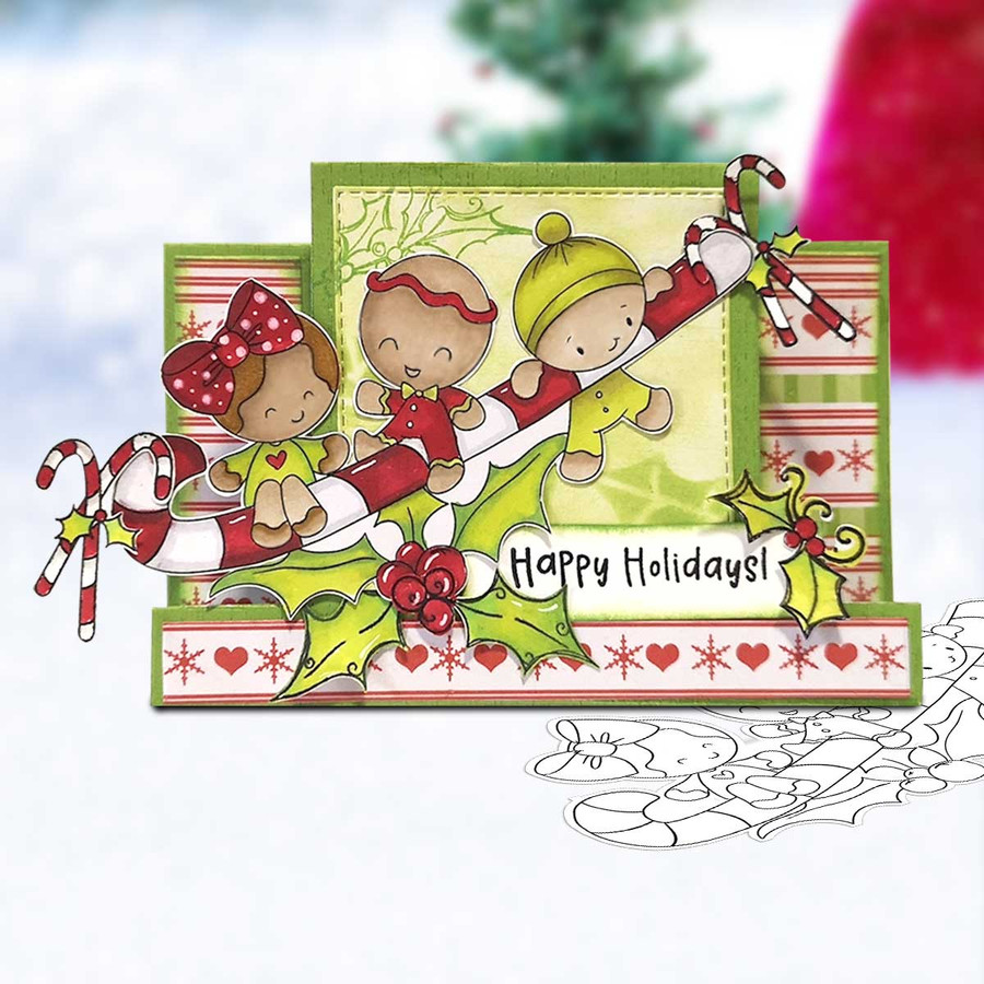 Candy Cane Fun - Gingerbread Holly digital stamp - (COLOUR) printable clipart  for cardmaking, craft, scrapbooking & stickers