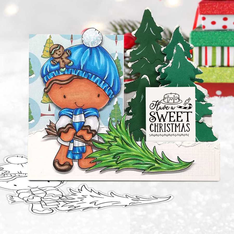 Christmas Tree Shopping - Gingerbread Holly digital stamp - (COLOUR) printable clipart  for cardmaking, craft, scrapbooking & stickers
