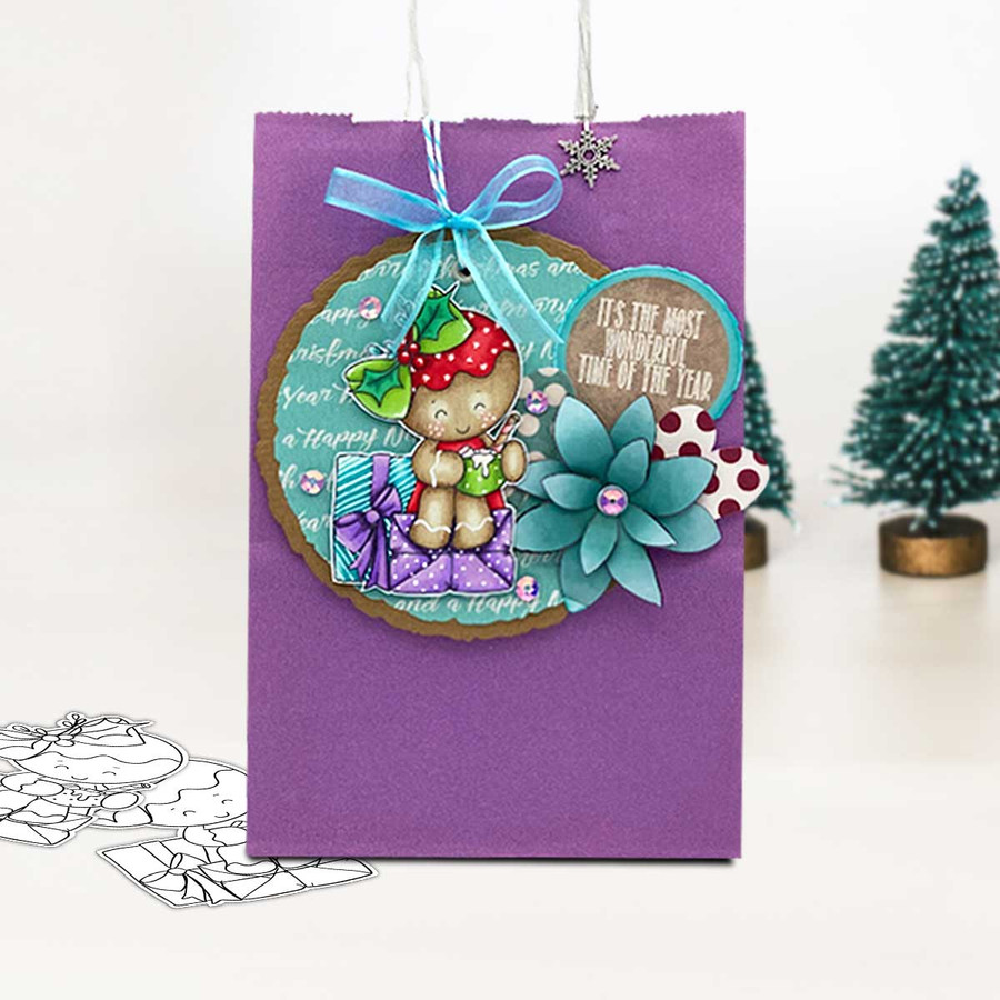 Gift Wrapping - Gingerbread Holly digital stamp - (COLOUR) printable clipart  for cardmaking, craft, scrapbooking & stickers