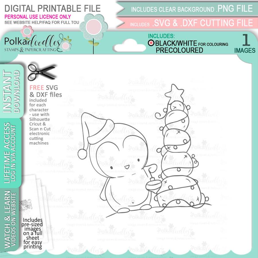 Snowball Tree Theo Penguin digital stamp - printable clipart  for cardmaking, craft, scrapbooking & stickers