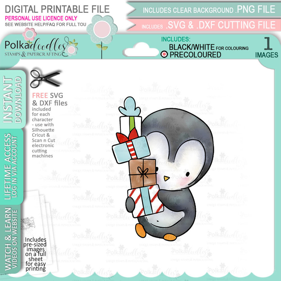 Pile of Gifts Theo Penguin digital stamp - (COLOUR) printable clipart  for cardmaking, craft, scrapbooking & stickers